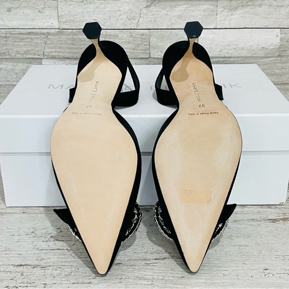 Manolo Blahnik Fiboslac Black Satin Swarovski Crystal Slingback 70MM Pumps SZ 37 - Picture 13 of 14